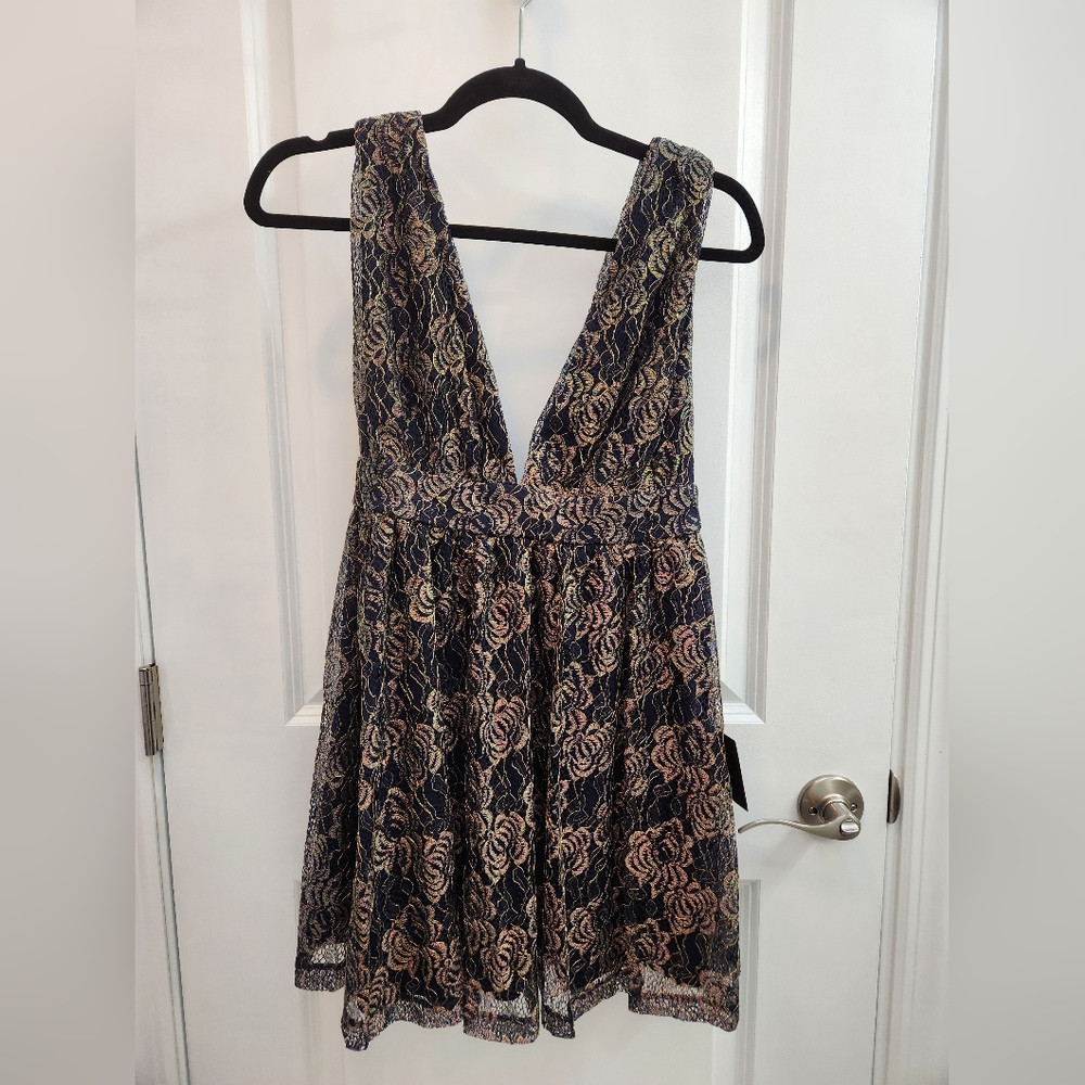 NWT Lulu's XS Blue & Gold Lace Skater Dress